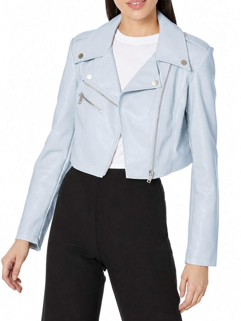 GUESS Light Blue Cropped Moto Leather Jacket